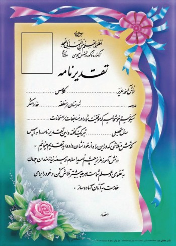 تقدیرنامه برجسته اکلیلی B5 کد 274
